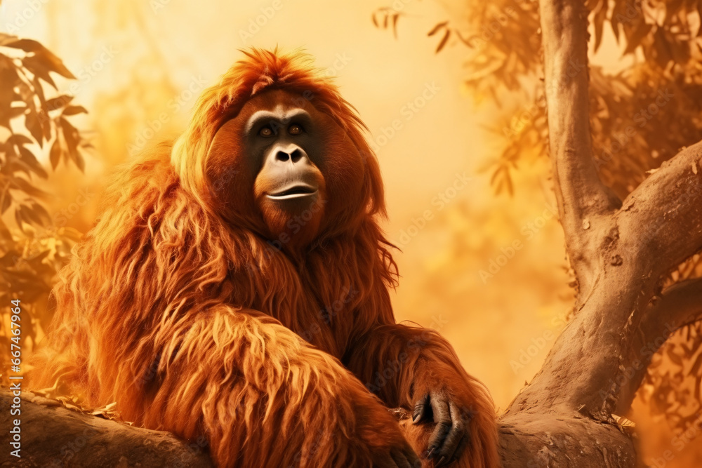big monkey in wild jungle on orange background