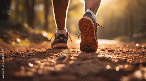 A close-up of the legs of a male runner on a dirt road in nature with sunlight Outdoor trail running training, Start of runner running to success and goal concept