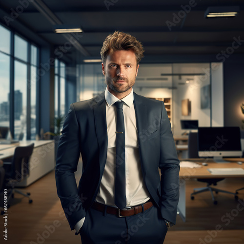 handsome businessman in formal wear looking at camera in his office