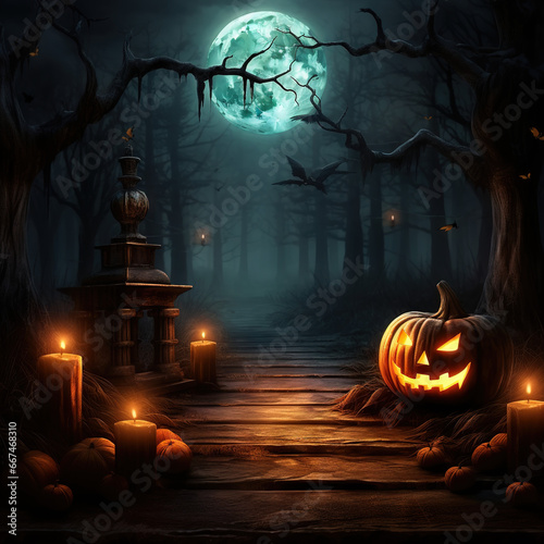 Halloween illustration pumpkin head jack the lantern with burning candle in a dark forrest. AI GENERATED