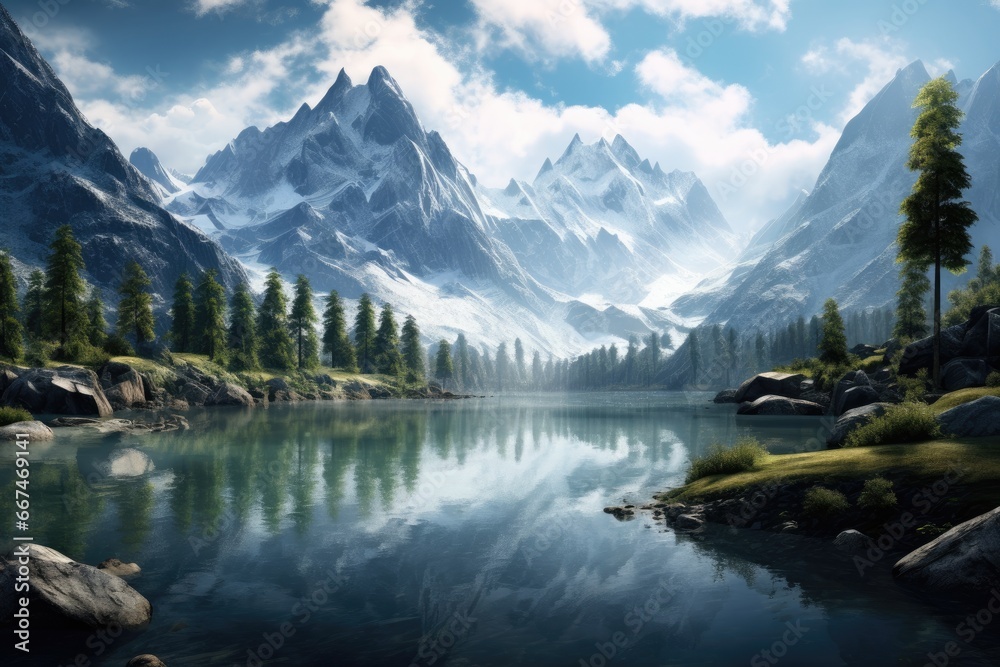 Beautiful landscape with mountains and lake. 3d rendering. Computer digital drawing, lake in the mountains, AI Generated