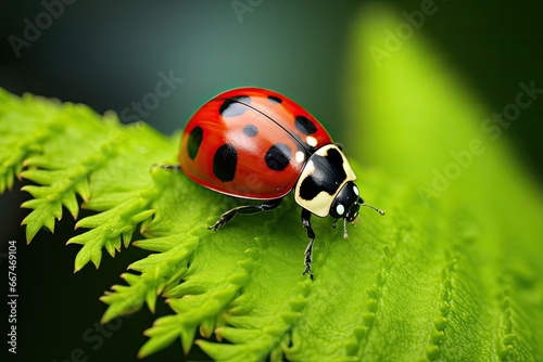 ladybug on green leaf in the wild nature or in the garden, ladybug on a green fern leaf, macro close up, AI Generated © Ifti Digital