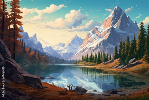Fantasy landscape with mountains, lake and forest. Digital painting, lake in the mountains, AI Generated