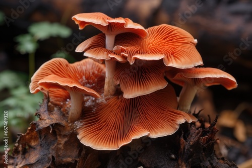 Mushrooms growing on a tree stump in the forest in autumn, Lingzhi mushroom, Ganoderma lucidum Lingzhi mushroom, AI Generated photo