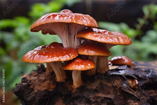 Flammulina velutipes mushrooms on a stump in the forest, Lingzhi mushroom, Ganoderma lucidum Lingzhi mushroom, AI Generated photo