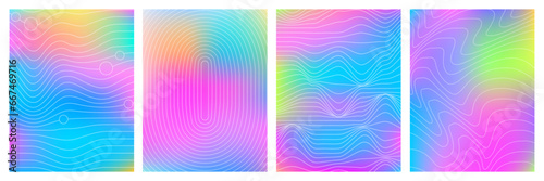 Trendy colorful mesh background set. Y2k retro futuristic wireframe grid. Bright pink, purple, blue and green smooth color vector banner.