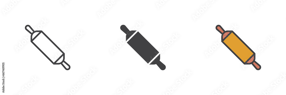 Wooden rolling pin different style icon set Wooden rolling pin different style icon set