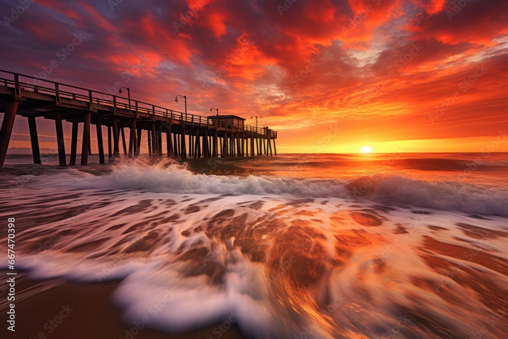Long exposure of the pier at sunrise in Huntington Beach, California, long tall pier at sunset, small waves rolling in, AI Generated