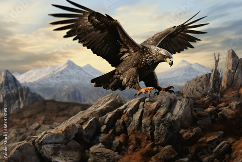 An eagle pounces on its prey on a hill