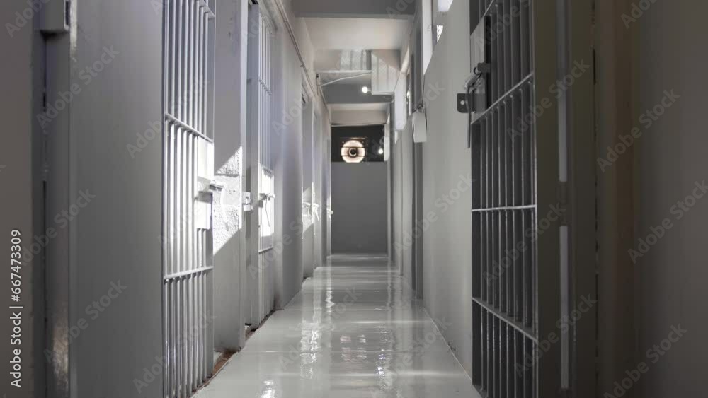 Gray hallway full of empty prison jail cells during the day