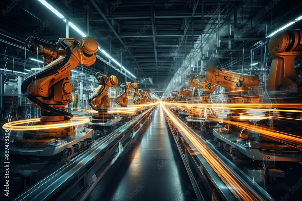 a pristine assembly line gleaming under overhead lights, with long exposure blurring the movement of robotic arms, casting luminescent trails in the factory ambience - obrazy, fototapety, plakaty 