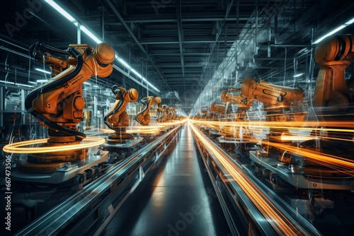 a pristine assembly line gleaming under overhead lights, with long exposure blurring the movement of robotic arms, casting luminescent trails in the factory ambience