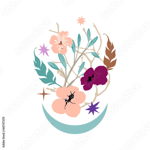 Spring sakura cherry blooming flowers bouquet. Isolated pink petals, blossom, branches, leaves vector. Design boho tree illustration