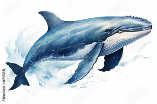 Watercolor blue whale isolated on white ba  kground. AI Generative