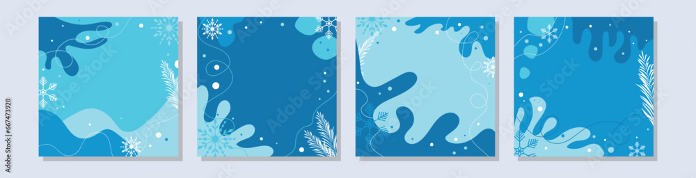 Winter background with Christmas tree branches, snowflakes. Merry Christmas and Happy New Year banner template. Vector design of Christmas elements for greeting card, social media publishing