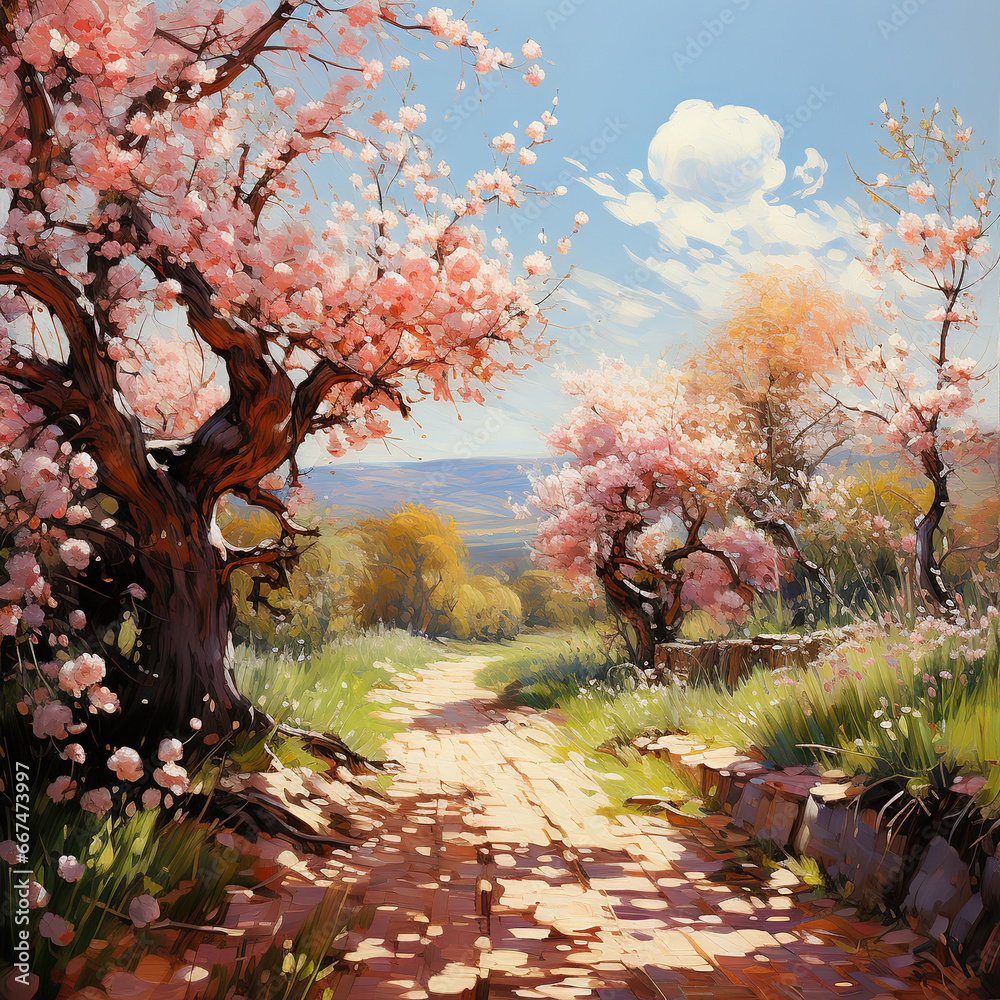 Fototapeta premium Serene Springtime in the Countryside,landscape with trees,landscape with trees and pond,blossom in spring,tree in bloom