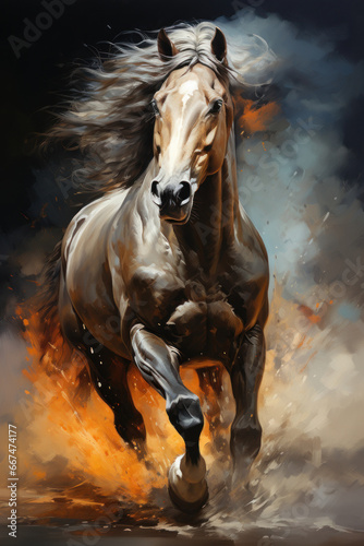 Horse running with smoke, dirt and wind. Created with Generative AI