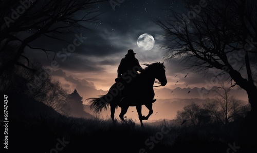 A man riding a horse under a full moon