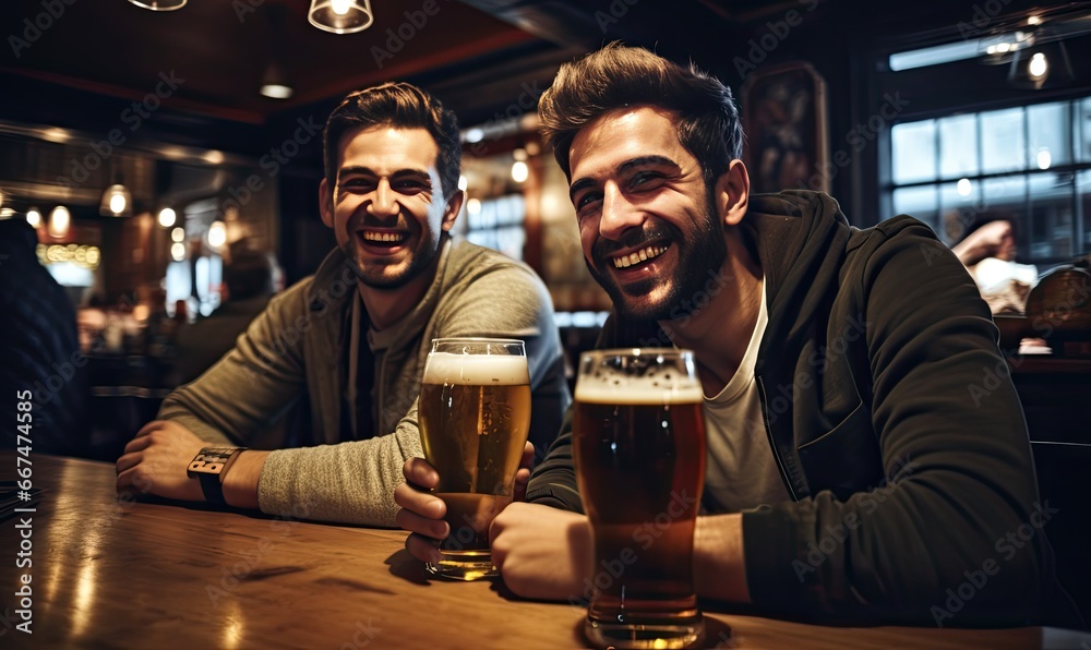 Two friends enjoying a beer at a table