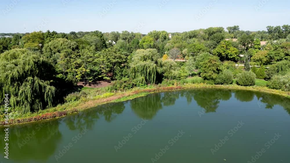 High resolution 4K beautiful drone aerial panoramic Video of the famous Chicago Botanical Gardens during a sunny beautiful day- USA High resolution 4K beautiful drone aerial panoramic Video of the famous Chicago Botanical Gardens during a sunny beautiful day- USA