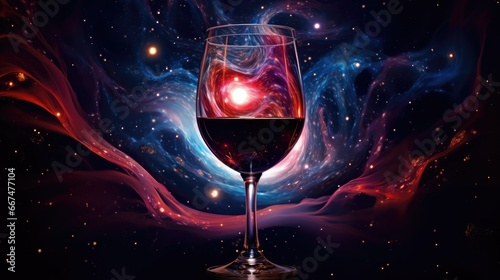  a glass of wine with a red and blue swirl in the background.  generative ai