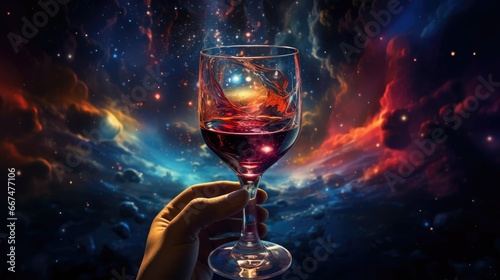  a hand holding a wine glass in front of a colorful sky. generative ai