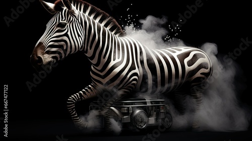  a zebra standing on top of a car covered in smoke.  generative ai