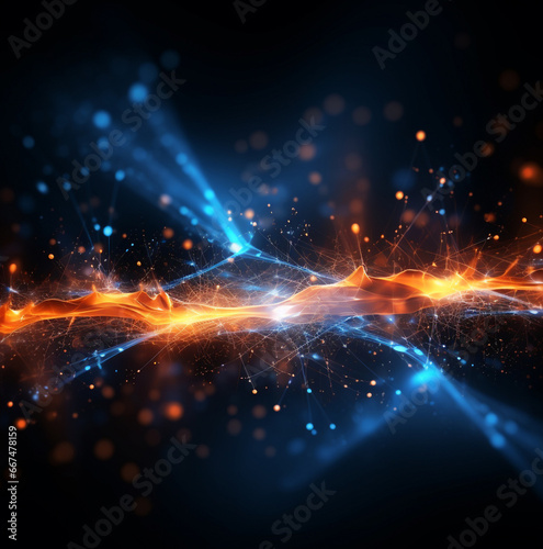 Black blue yellow background, glowing rays with flickering particles, network