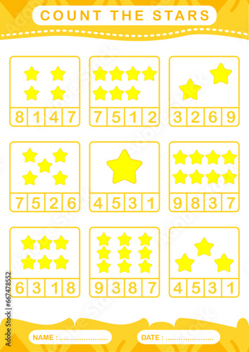 Counting stars 1 to 9 for kids and preschool - Education worksheet Printable A4 size yellow