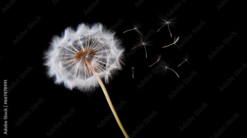 Fototapeta premium a dandelion blowing in the wind on a black background. generative ai