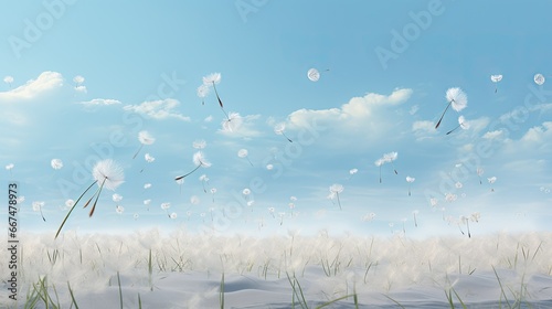  a painting of a field of dandelions blowing in the wind.  generative ai