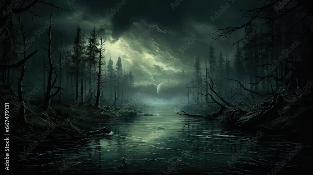  a painting of a dark forest with a lake in the foreground.  generative ai