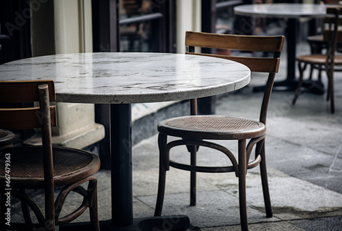 Tables and chairs in a street cafe. AI generated Images