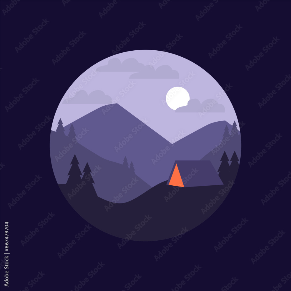 Outdoor camping area landscape at night