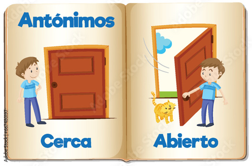 Antonym Word Card: Cerca and Abierto mean close and open