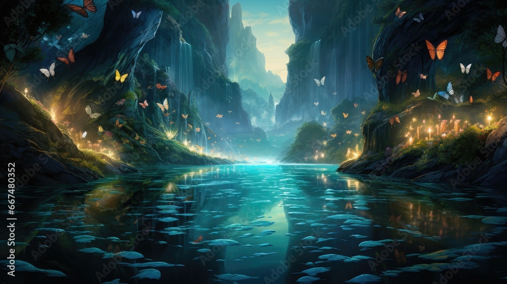  a painting of a river with lots of butterflies flying over it.  generative ai