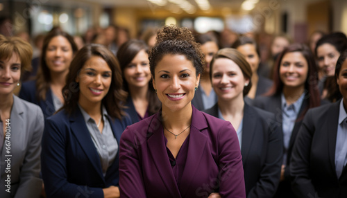 Confident woman in a maroon blazer stands forefront, surrounded by diverse group of professional women in business attire