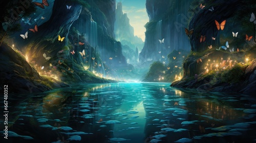  a painting of a river with lots of butterflies flying over it. generative ai