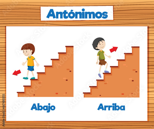 Educational Antonyms Spanish Picture Word Card: Abajo and Arriba means up and down