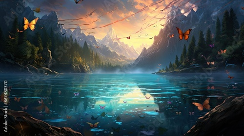  a painting of a mountain lake with lots of butterflies flying over it. generative ai