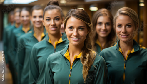 A confident young woman in a green and yellow sports jacket stands forefront, with a blurred line of teammates behind in a corridor.