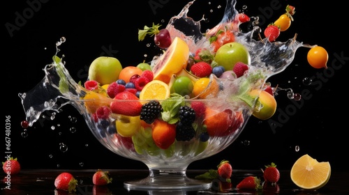  a glass bowl filled with lots of fruit and splashing water.  generative ai