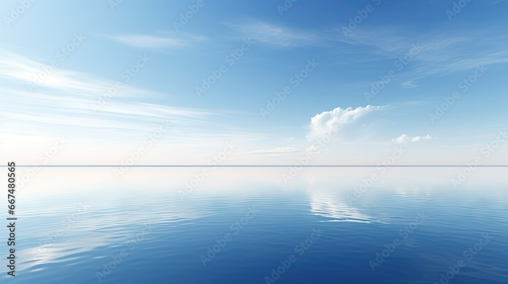  a large body of water sitting under a blue cloudy sky.  generative ai