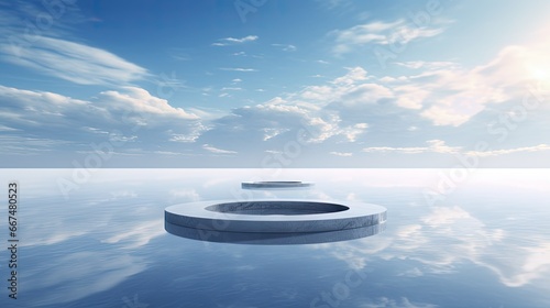  a circular object floating on top of a body of water. generative ai
