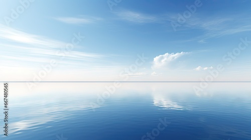  a large body of water sitting under a blue cloudy sky. generative ai