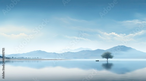  a painting of a lone tree on a lake with mountains in the background.  generative ai