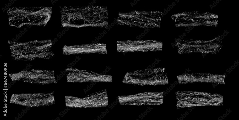 Obraz premium Collection of Wrinkled plastic wrap texture on a black background wallpaper. Royalty high-quality free stock photo image of set realistic plastic wrap for overlay, copy space. Wrinkled plastic surface