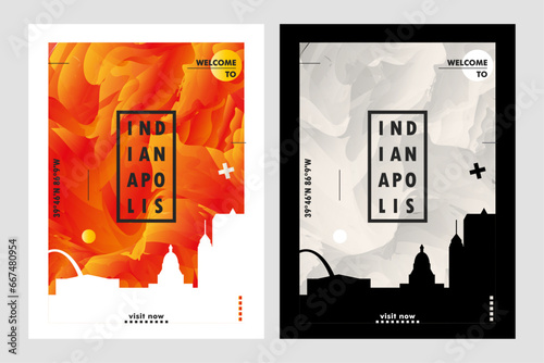 USA Indianapolis city poster pack with abstract skyline, cityscape, landmark and attraction. Indiana travel vector illustration layout set for vertical brochure, website, flyer, presentation