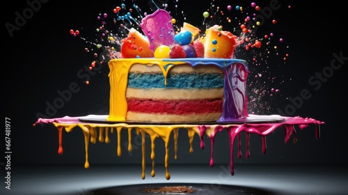  a cake with colorful icing and decorations on a table.  generative ai