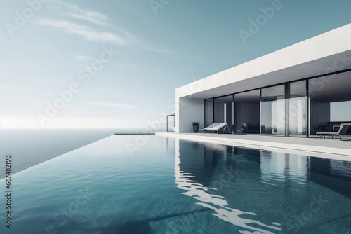 Luxury residential minimalist villa with pool and ocean on horizon generative ai © Tohamina